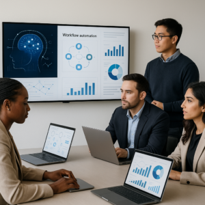 Team reviewing AI automation for business growth on digital dashboards