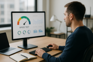 Developer reviewing website performance test results in a modern workspace