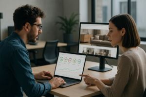 Developer reviewing website performance metrics on a laptop in a modern office