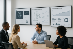 Business team reviewing AI automation for business growth on digital dashboards