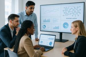Business team reviewing AI automation dashboards and digital marketing performance