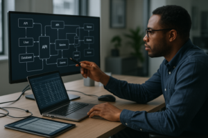 Developer reviewing API integrations in a modern software workspace